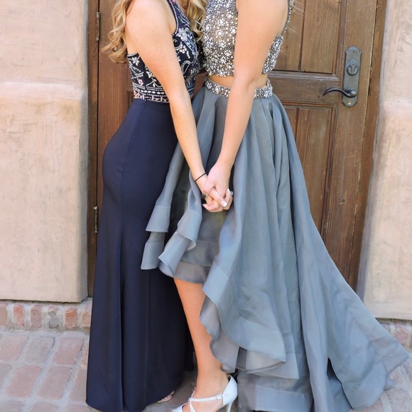 Long and Sparkly Gray Two-Piece Prom Dress - Picture 2 of 6